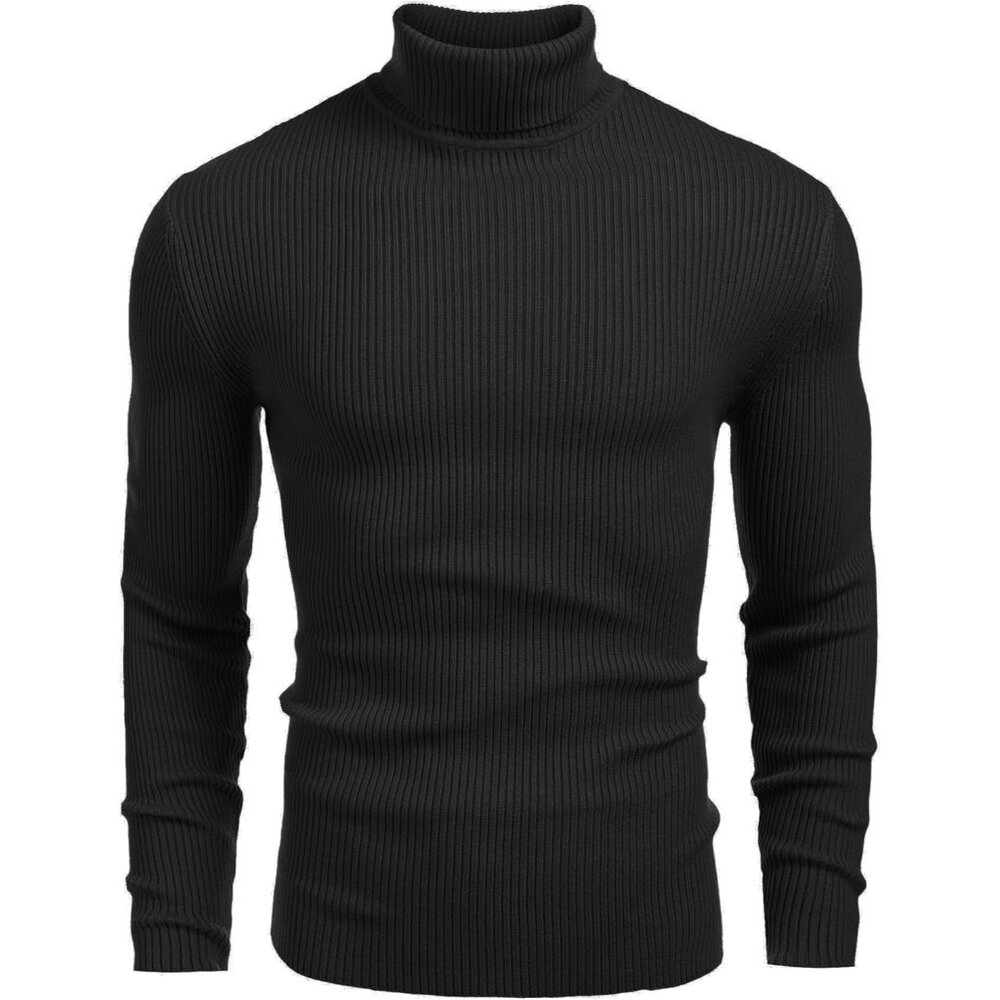 Coofandy Black Mens Ribbed Slim Fit Knitted Pullover Casual Turtleneck Sweater